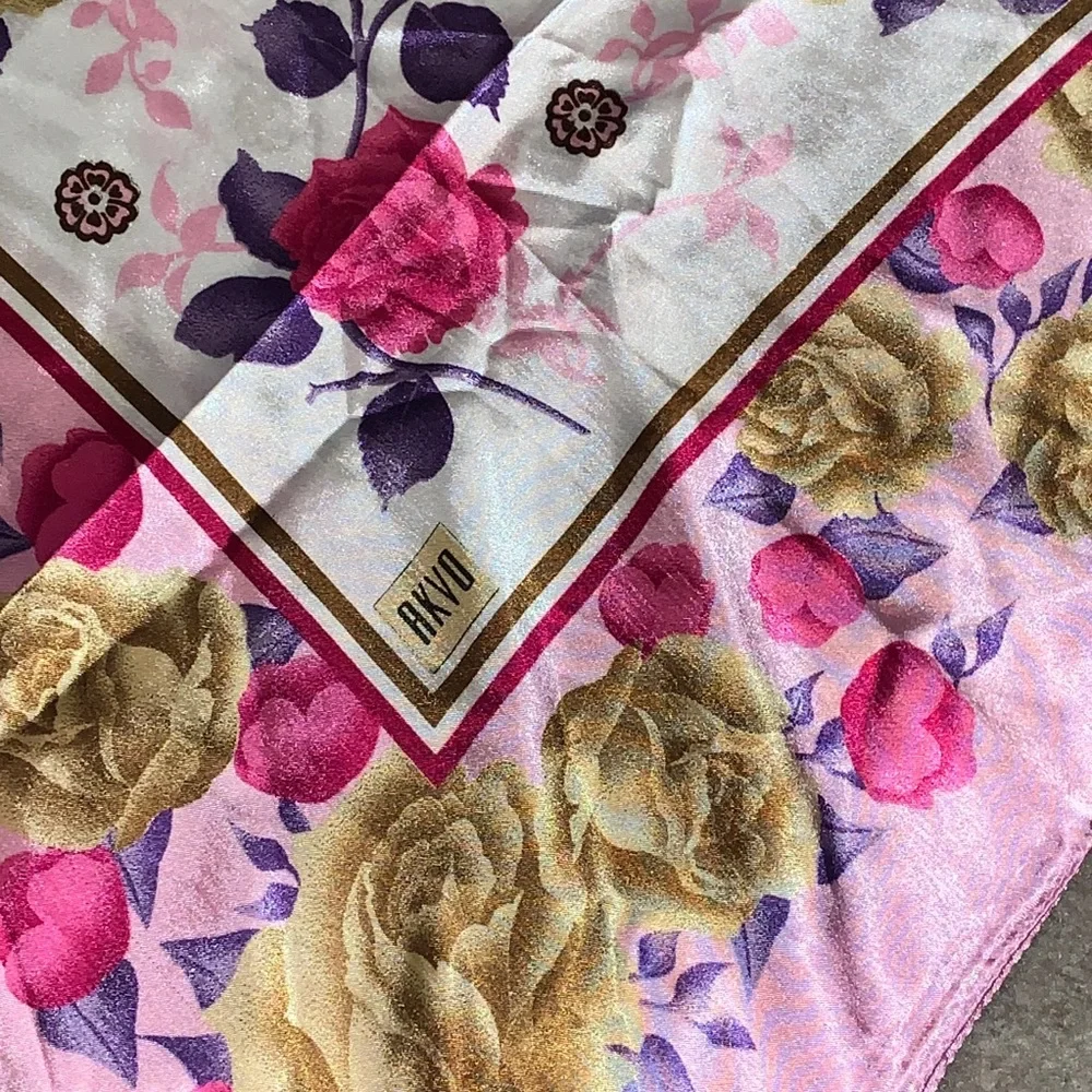 AKVO Silky Smooth Satin Floral Scarf Pink Purple White Gold Coquette Preppy